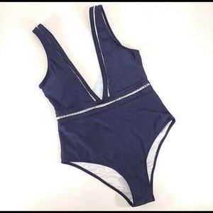 Navy blue deep-v one piece with plunging back